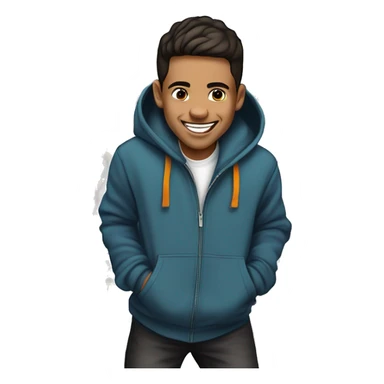 Create a playful portrait of a young man with a round face, short dark hair, and a mischievous smile, wearing a stylish hoodie. The background features colorful graffiti and an urban setting, capturing his energetic personality sticker
