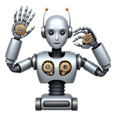 An icon featuring a humanoid robot assembling parts with mechanical arms, a circuit board in its chest, and a conveyor belt in the background. The design includes gears, sensors, and a robotic claw, symbolizing robotics innovation and automation. Transparent background sticker