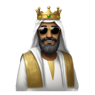 A man in an arafat with a large black beard and large square sunglasses, wearing a golden crown on top of the arafat sticker