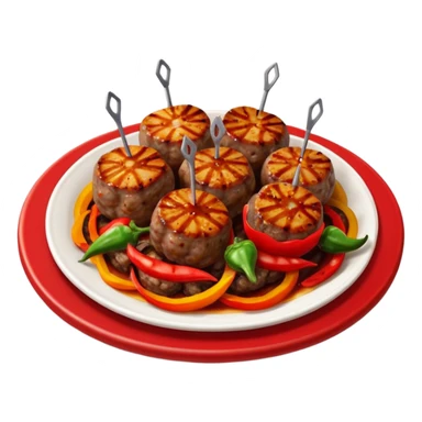 Akçaabat meatballs object icon, grilled Turkish kofte pieces on a plate, smoky char marks, juicy texture, served with grilled peppers and tomatoes, 3D cartoon, mobile game icon style, centered, clean background, no text, no watermark
 sticker