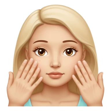 Simple wellness-style emoji of a face with a hand gently pressing and guiding facial fullness downward and outward, showing reduced face fat and puffiness, clear slimming effect on cheeks, natural and healthy look, no makeup sticker