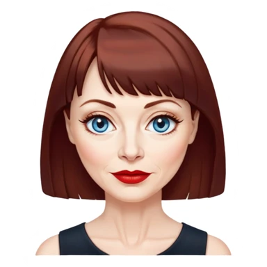 Woman in her late 50s with pale skin, wider face, more pronounced wrinkles, blue eyes with eyeliner, thin eyebrows, small nose, red lipstick, dark auburn hair with bangs, wearing a black top sticker