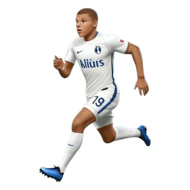 An icon showing Kylian Mbappé running with the ball on a football field during a match. The design captures his speed and focus, with dynamic motion lines and a vibrant background of the field and stadium lights. Transparent background emphasizes the action. sticker