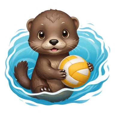 super cute baby otter floating on clearly visible blue water with waves, tiny baby otter with big eyes holding a volleyball with both small paws above water sticker