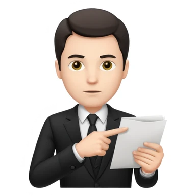 A white man in a black suit stands with a serious face and points at his hand holding papers. sticker