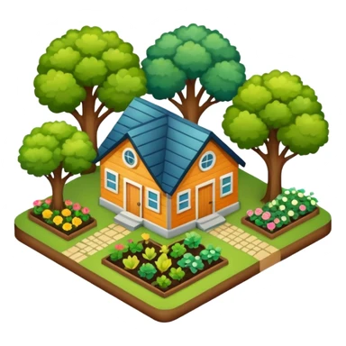 An icon featuring a local map, symbolizing local gardening. The design includes a different trees, and 1 tiny wooden house, shrubs, beds. Transparent background sticker