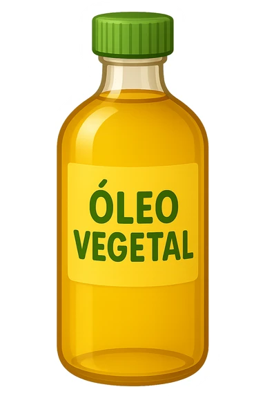 Add a label with the text 'Óleo Vegetal' on the bottle. Keep the style similar to Apple style emojis with a yellow label and green cap. Maintain a transparent background. sticker