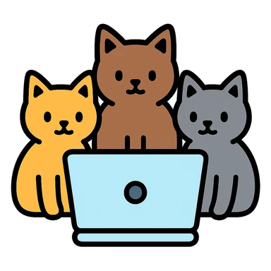three cats sitting at a computer, color icon style sticker