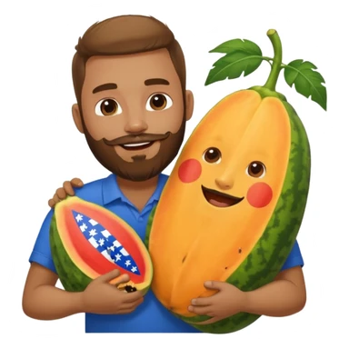 A very happy papaya hugging a curly hair man with a beard and Dominican flag on his shirt   sticker