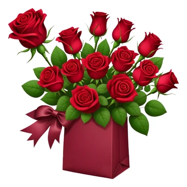 Bouquet of red roses in a burgundy package sticker