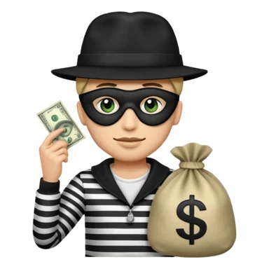 Emoji De Ladron Antifaz En Los Ojos,Gorro Negro,Ropa Con Rayas Negras Y Blancas Y Una Bolsa De Dinero Con El Símbolo Version Hombre sticker