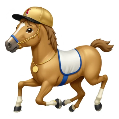 friendly anthropomorphised horse in RUN DMC style outfit, gold medal, baseball hat sticker