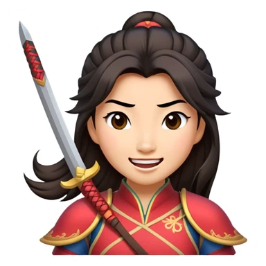 Cinematic Playful Mulan Portrait Emoji, Mid-laugh with a strand of hair falling over her face, adjusting her armor, eyes full of adventure, exuding an irresistible mix of beauty and fun, the perfect blend of warrior and princess! sticker