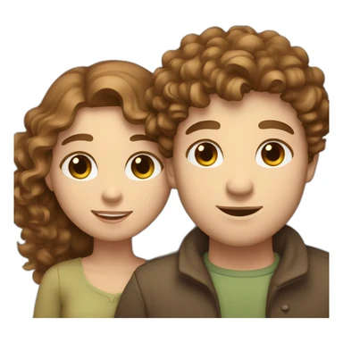 Couple, hugging, white European man with brown curly hair and blue eyes. chubby woman with long light brown curly hair and blue-green eyes. sticker
