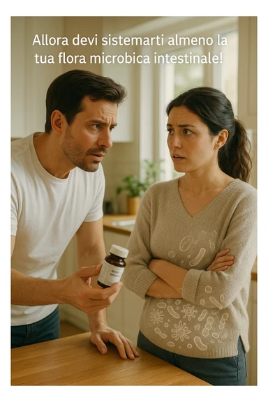 A hyper-realistic, cinematic photo of a young couple in their early 30s having a tense but calmer discussion in a bright modern kitchen. The man, fit, wearing a plain white T-shirt, holds a small probiotic supplement bottle in one hand, leaning slightly forward with a concerned yet firm expression, saying: 'Allora devi sistemarti almeno la tua flora microbica intestinale!' The woman, with dark hair in a loose ponytail, wearing a comfortable home sweater, stands with arms partially crossed, looking at him with a doubtful and confused expression, eyebrows slightly raised, lips parted as if about to respond but uncertain. Around them, faint translucent overlays of microscopic gut flora and bacteria symbols swirl softly near the woman’s abdomen, symbolizing the issue of her imbalanced gut microbiome. The kitchen is bathed in warm natural light, with green plants adding a sense of health and life, while the couple remains in sharp focus. The color palette is warm, with soft shadows and shallow depth of field highlighting the emotional tension yet care in the conversation, visually representing the discussion about gut health within the relationship sticker