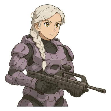 female, wearing reach spartan armor default, long white braid hair, gold yellow eyes, attention pose, halo series, no helmet, the armor is lavender color scheme, shoulder pad off. DDD bust size fitting. Punk gothic cyberpunk, brandishing a dmr sticker