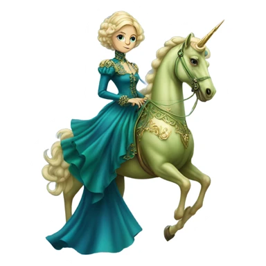 "galora green blonde alien woman" in blue Victorian dress elegant, full body, on gold unicorn sticker