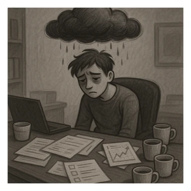 A person with a cloud over their head, slouched in a chair, surrounded by unfinished tasks and coffee cups, showing signs of burnout. sticker