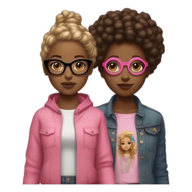 A young black-skinned woman with natural African hair dressed in classic clothes and a young girl with white skin wearing big pink glasses and streetwear clothes who are both holding hands sticker