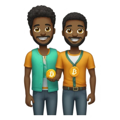 Two young black men in their 20’s with beards and on a low cut shaking hands with Bitcoin token in their hands  sticker
