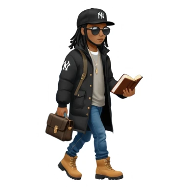 African American man with shoulder length black dreadlocks and black sunglasses wearing a black New York Yankees baseball hat with a North Face brand bubble winter coat with denim skinny jeans and timberland boots walkingholding a bible sticker