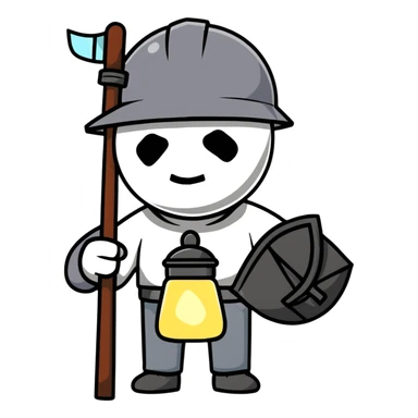 Coal miner from 19th century England with soot-covered face, helmet with lamp, and pickaxe sticker