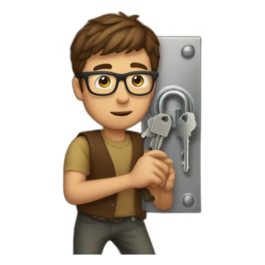 brown-short-haired man wearing glasses, struggling to fit a key into a wooden door-lock sticker
