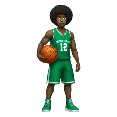 Muscular big black Afro light-skinned skinned male teenager in a green basketball uniform holding a basketball.  sticker