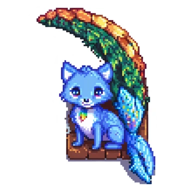 a cute blue fox and a rainbow fish as friends, pixel art style, simple and charming, bright colors sticker