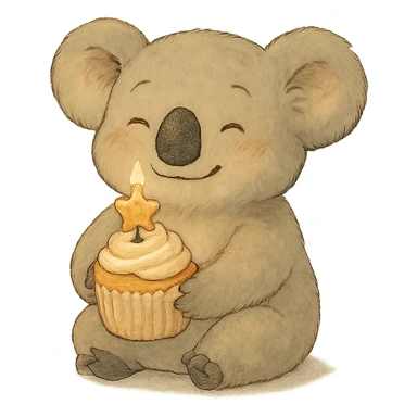 happy koala holding cupcake with 1 star candle in soft Ghibli style sticker