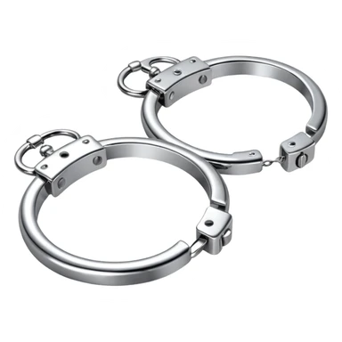 A pair of elegant handcuffs emoji made of silver chrome, smooth rounded design, glossy metallic reflections, luxury fetish aesthetic, minimal iOS emoji style, centered, clean white background sticker