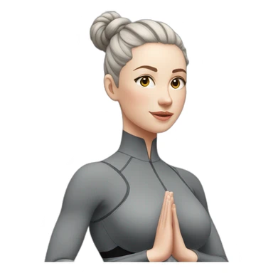 Pale skinned fit woman In a gray tight yoga suit and wristbands With black hair in a bun doing yoga sticker