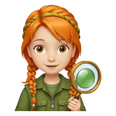 braid orange haired girl kid in moss green explorer outfit, holding magnifying glass, smile sticker