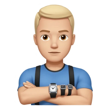 man wearing a black strap watch portrait, head and shoulders only, square jawline, strong facial structure, confident expression, black strap wristwatch visible, 3D cartoon, mobile game icon style, clean background, no text, no watermark
 sticker