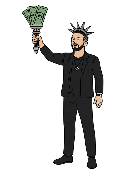 Используя такую стилистику как на картинках сгенерируй героя с фотографии, который в том же костюме стоит в позе Статуи Свободы держит в руках факел, где вместо пламя купюры, прозрачный фон sticker