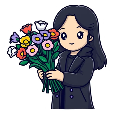 beautiful girl with long black hair wearing a black coat holding a bouquet of flowers sticker