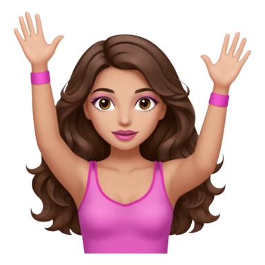 girl with long wavy brown hair, brown eyes, long lashes makeup, sexy pink lips, light to medium complexion, wearing a pink sexy top, both hands in the air high sticker
