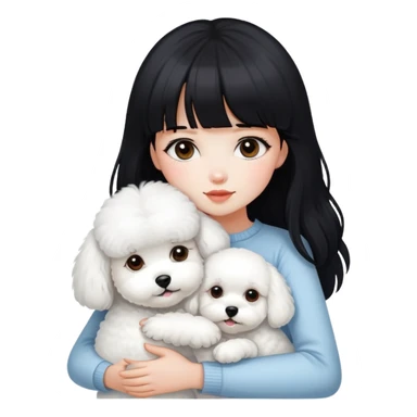 A beautiful girl with long black hair and bangs hugs a Bichon Frise tightly sticker