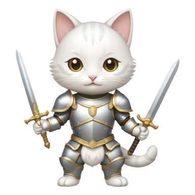baby chibi white cat in silver armor, full body, smile, hold sword sticker