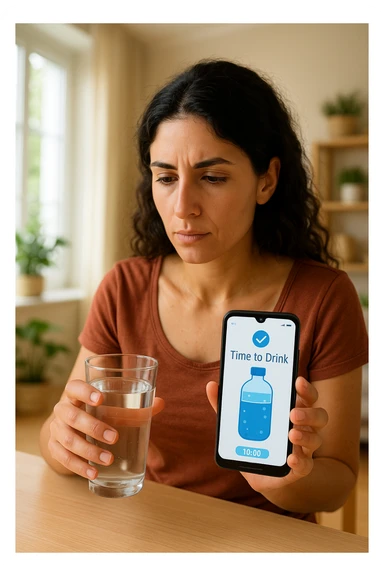 Donna che usa App per ricordarsi di bere, altrimenti non beve mai testo in italiano sticker