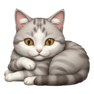 grey and white small cat with its eyes closed lying down with his head leaning on his paw sticker
