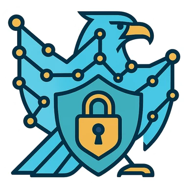 sleek abstract eagle formed from digital lines and nodes, symbolizing national digital security agency Pinsafe, subtle shield and padlock shapes, conveying high-tech protection and authority sticker