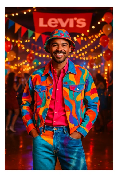 A man wearing mesmerizing, eye-catching clothes at a Levi's party, stylish and confident, with denim elements, vibrant colors, and a festive atmosphere. sticker