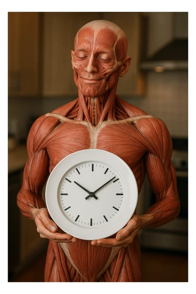 corpo umano anatomico, che tiene in mano un piatto bianco con la lancette di un orologio sopra, figura visibile fino ai fianchi, espressione del volto soddisfatta, sullo sfondo la sua cucina sfocata, iperrealistico 4k sticker