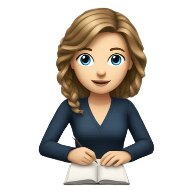 white girl studying at a desk, brown hair, blue eyes sticker