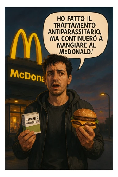 A realistic, cinematic illustration of a man in his early 30s with a confused yet stubborn expression, standing outside a McDonald's at dusk, holding a small box labeled 'Trattamento Antiparassitario' in one hand while holding a large McDonald's burger in the other. He is mid-sentence, saying 'Ho fatto il trattamento antiparassitario, ma continuerò a mangiare al McDonald!' in an expressive speech bubble. The man wears casual streetwear, and behind him, the McDonald's golden arches glow under a neon-lit sky. The mood is ironic and educational, highlighting the contradiction of doing parasite cleanses while continuing unhealthy fast-food habits. The style is realistic with slight illustrative clarity, emphasizing the message humorously while maintaining a serious undertone about lifestyle choices and health in italiano sticker
