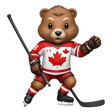 Beaver playing hockey wearing a Canada jersey sticker