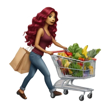 Beautiful tattooed burgundy long haired woman pushing shopping cart sticker