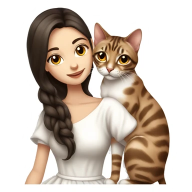 Beautiful skinny woman long dark brown hair in white dress hug bengal cat sticker