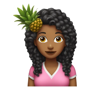 woman with long black curly hair wearing pink holding a pineapple  sticker